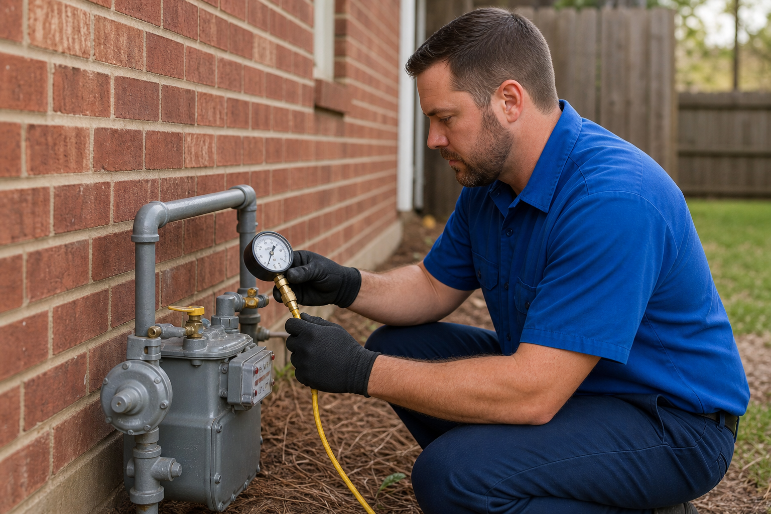 Mark Johnson & Sons Plumbing gas technician pressure-testing a gas line with a pressure gauge