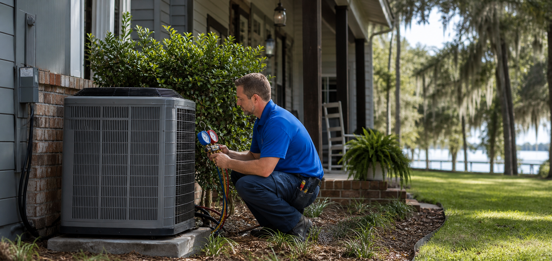 High-efficiency heat pump installed outside a North Louisiana home