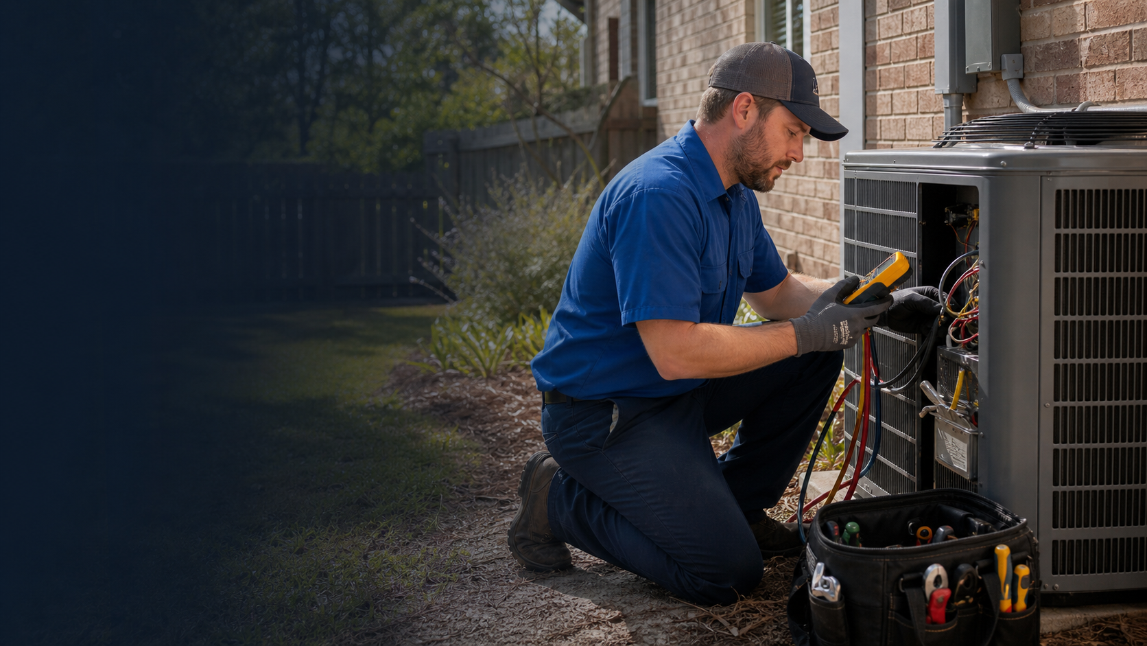 Mark Johnson & Sons technician servicing an outdoor heat pump at a North Louisiana home