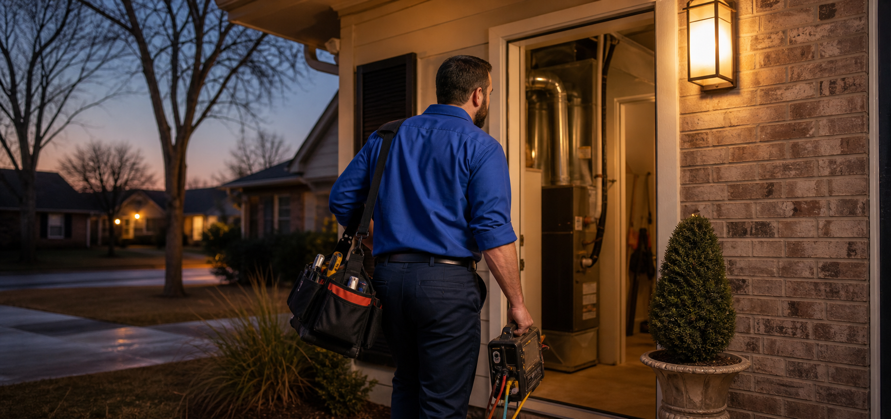 Mark Johnson & Sons technician on an after-hours emergency furnace call in North Louisiana