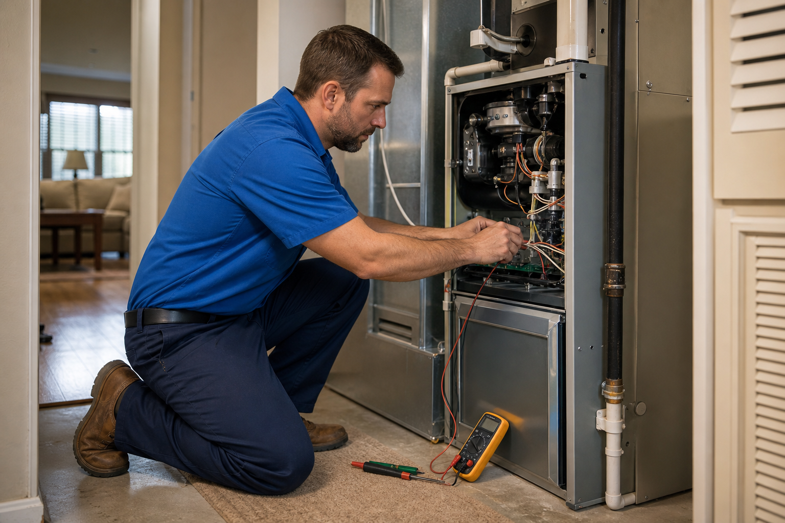 Mark Johnson & Sons technician servicing a gas furnace in a North Louisiana home