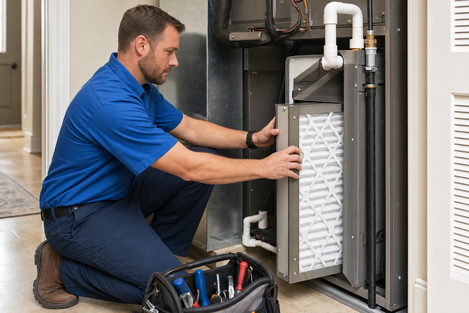 Mark Johnson & Sons technician installing a whole-home air filtration cabinet on an HVAC system in North Louisiana
