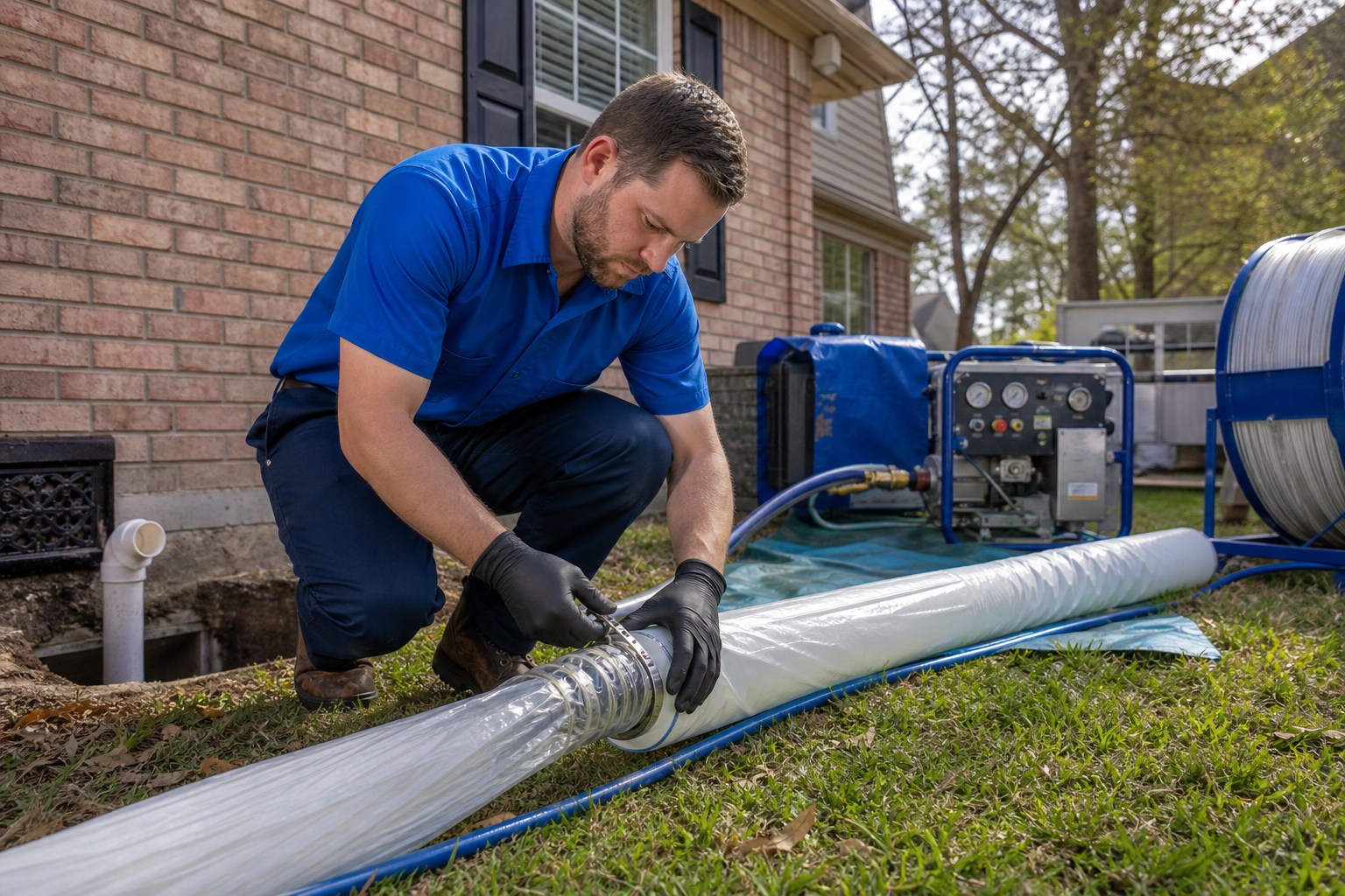 Sewer lining resin tube being prepped for inversion at a North Louisiana home