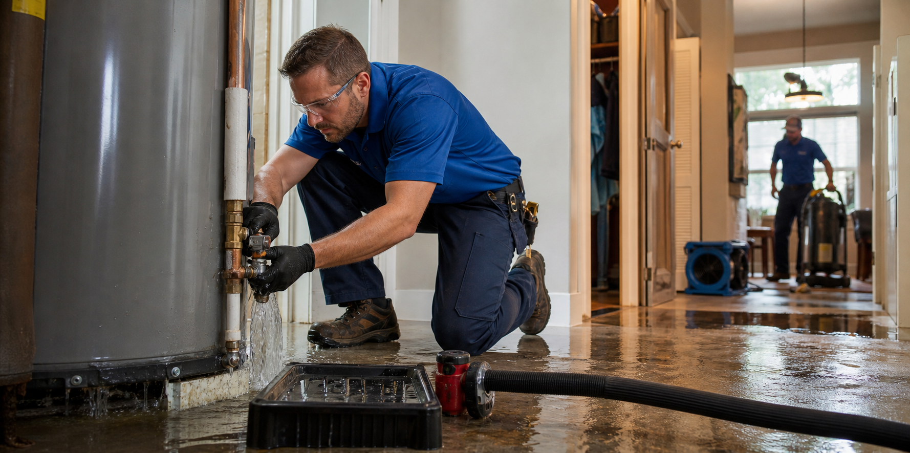 Mark Johnson & Sons Plumbing truck at a North Louisiana home during an after-hours emergency call