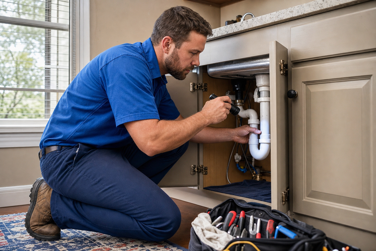 Mark Johnson & Sons Plumbing technician diagnosing a plumbing issue in a North Louisiana home