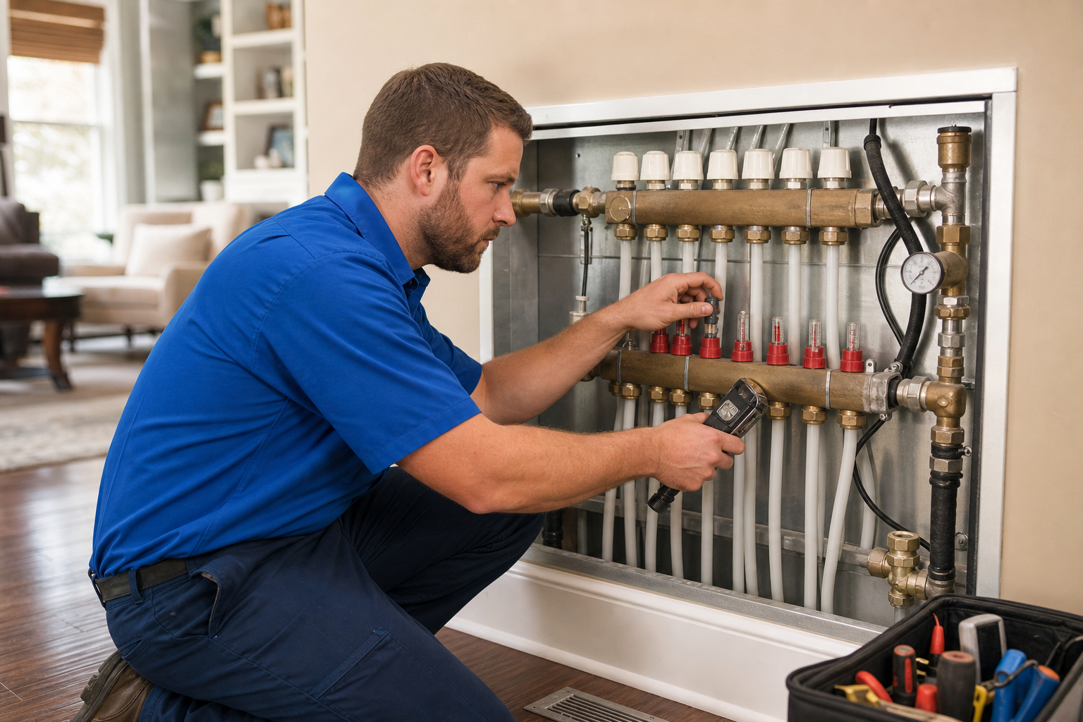 Mark Johnson & Sons technician checking a radiant heating manifold in a North Louisiana home