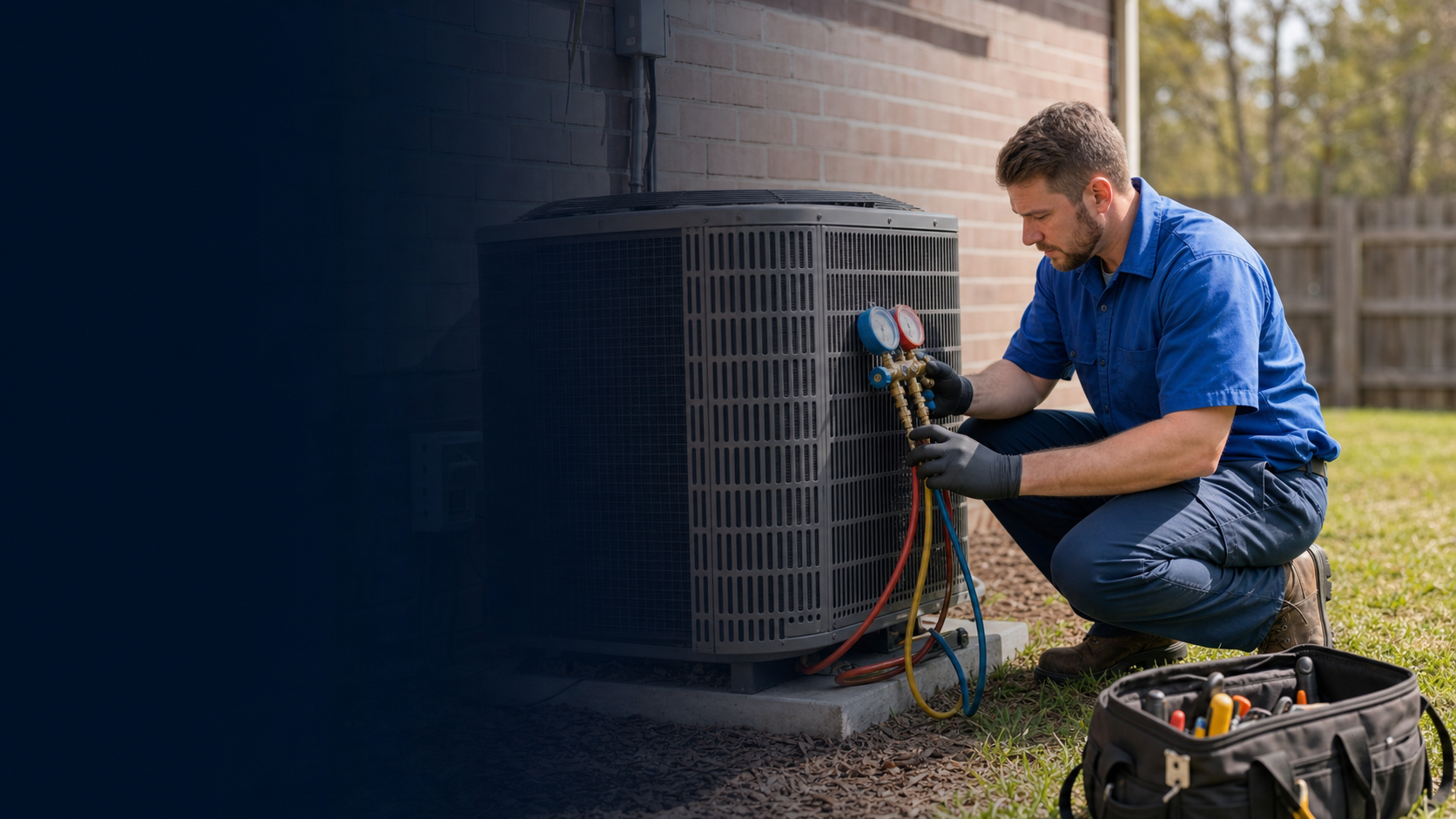 Technician measuring AC refrigerant charge with gauges in North Louisiana