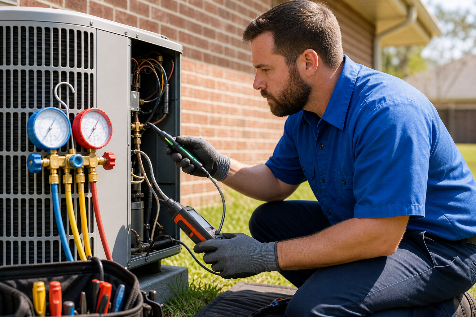 AC gauges and leak-detection tools during a refrigerant service