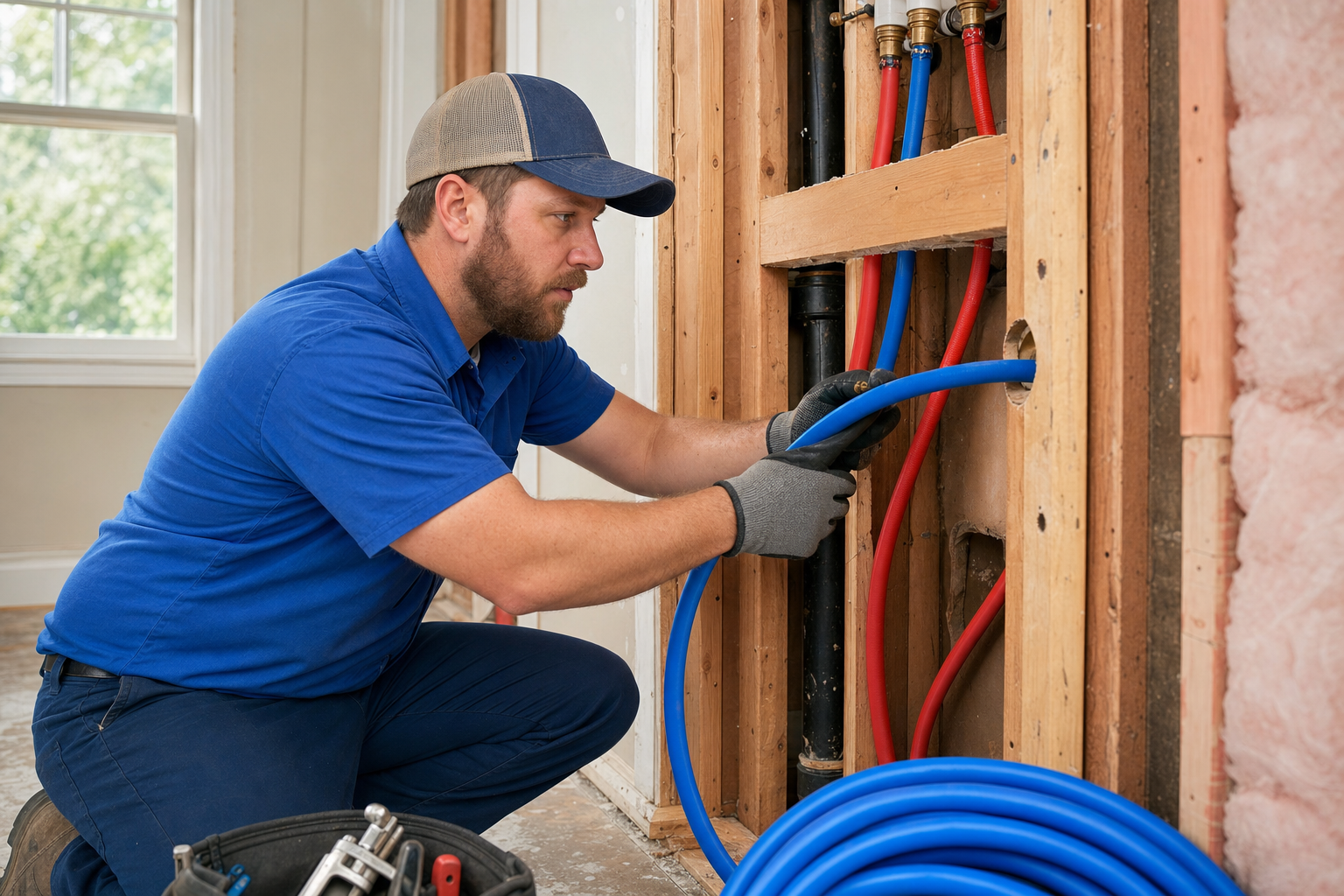Mark Johnson & Sons Plumbing technician running new PEX lines through a wall cavity during a North Louisiana repipe