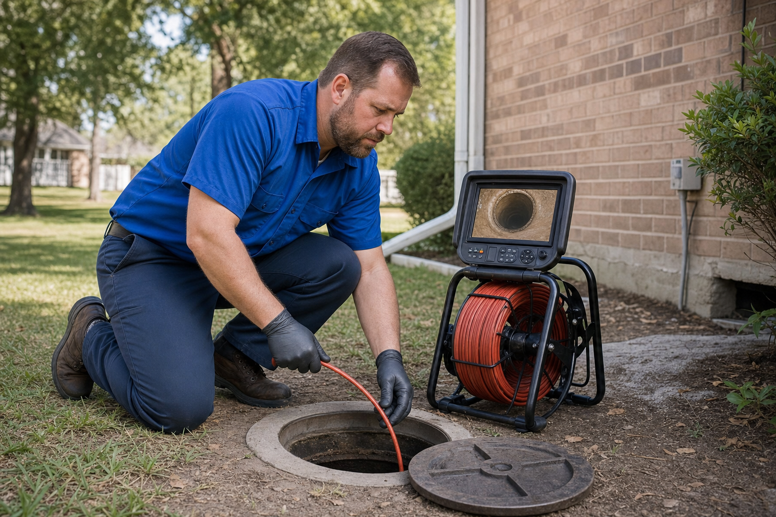 Mark Johnson & Sons Plumbing technician running a sewer camera inspection in North Louisiana