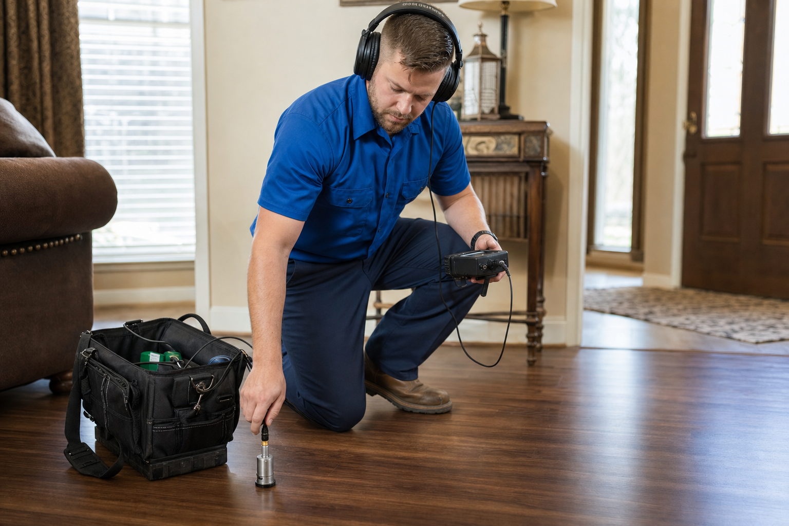 Mark Johnson & Sons Plumbing technician locating a slab leak with acoustic detection equipment in a North Louisiana home