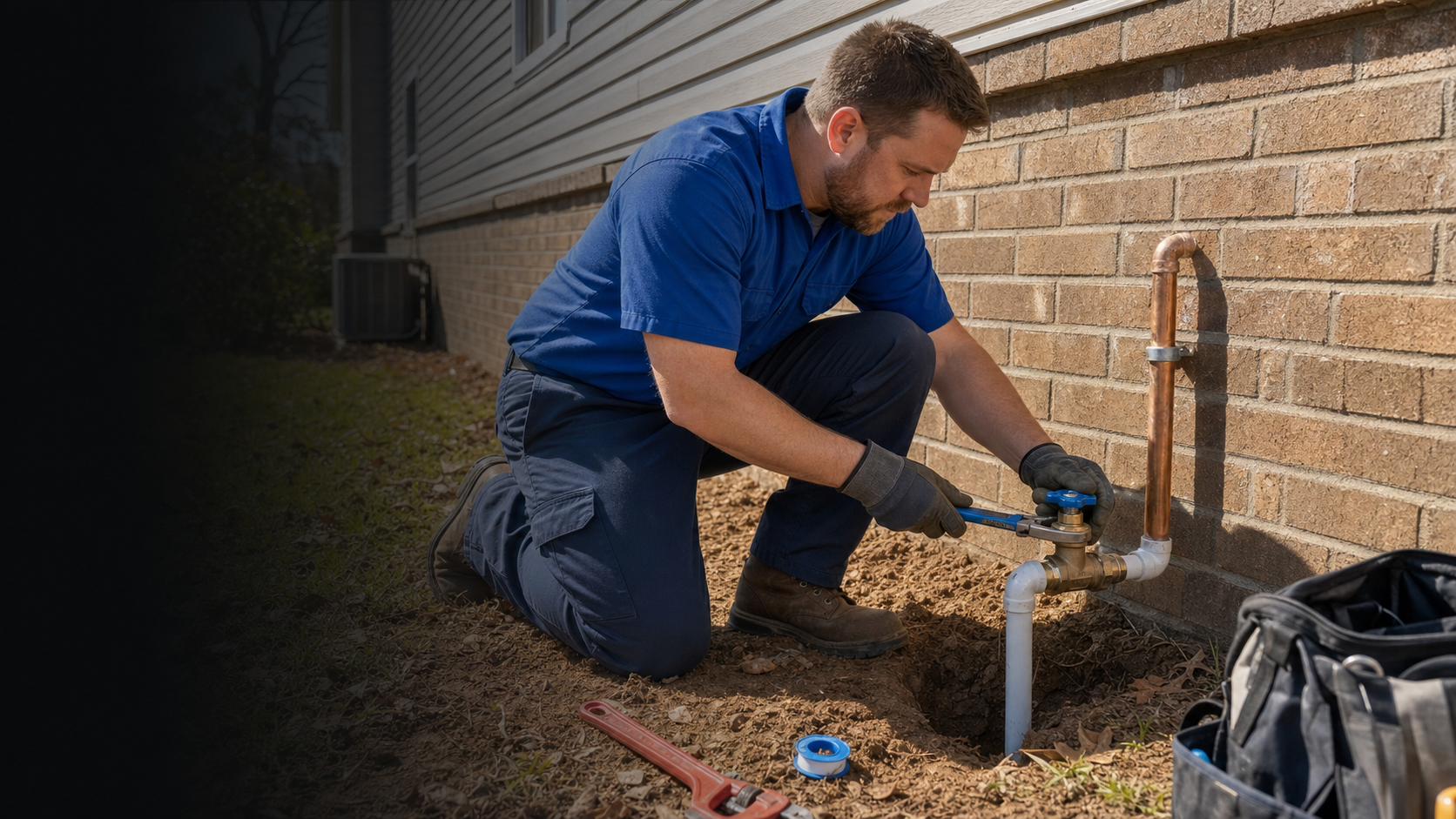 Mark Johnson & Sons Plumbing technician replacing a stop and waste valve on a North Louisiana home water line