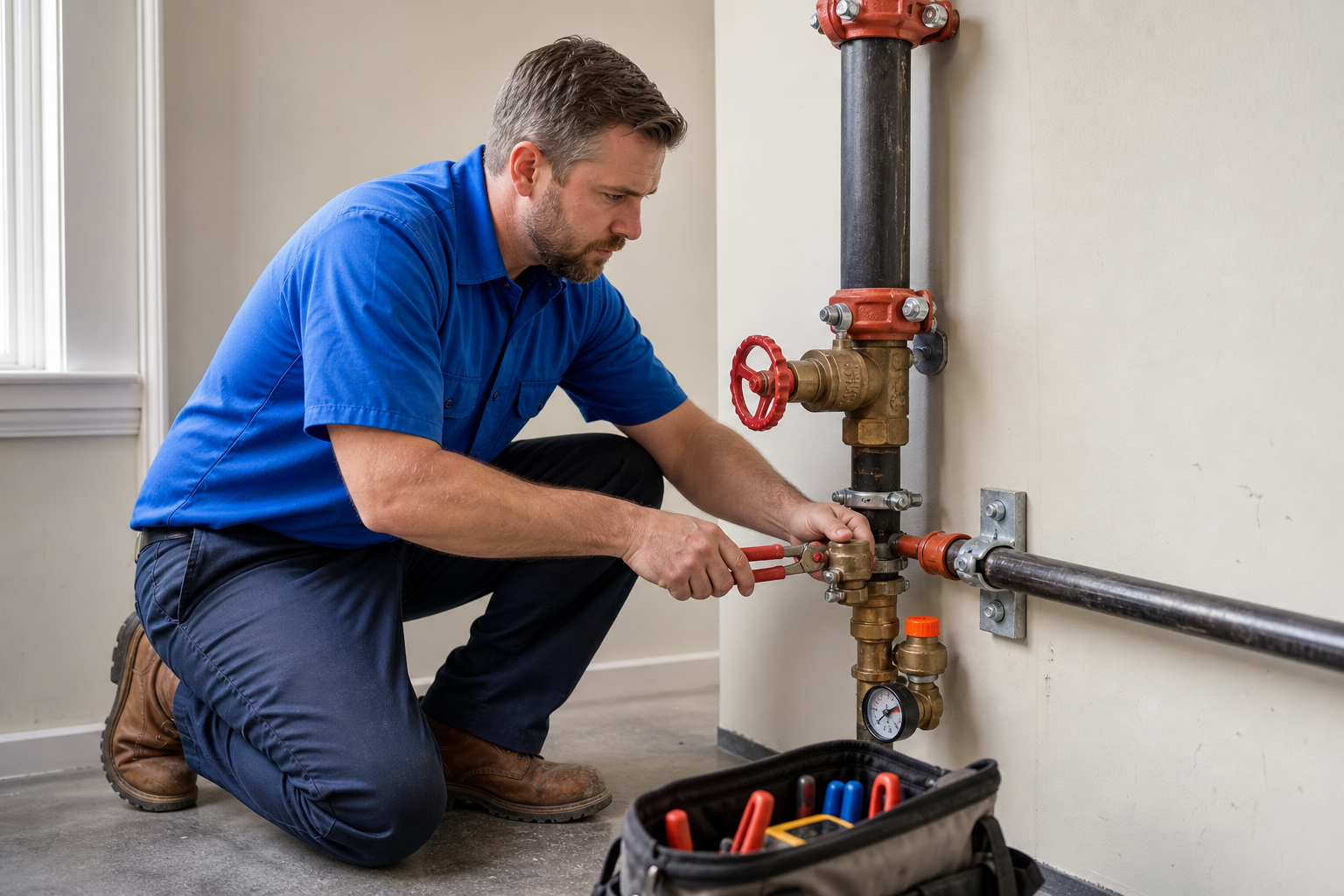 Mark Johnson & Sons Plumbing technician servicing a stop and waste valve on an interior sprinkler shutoff