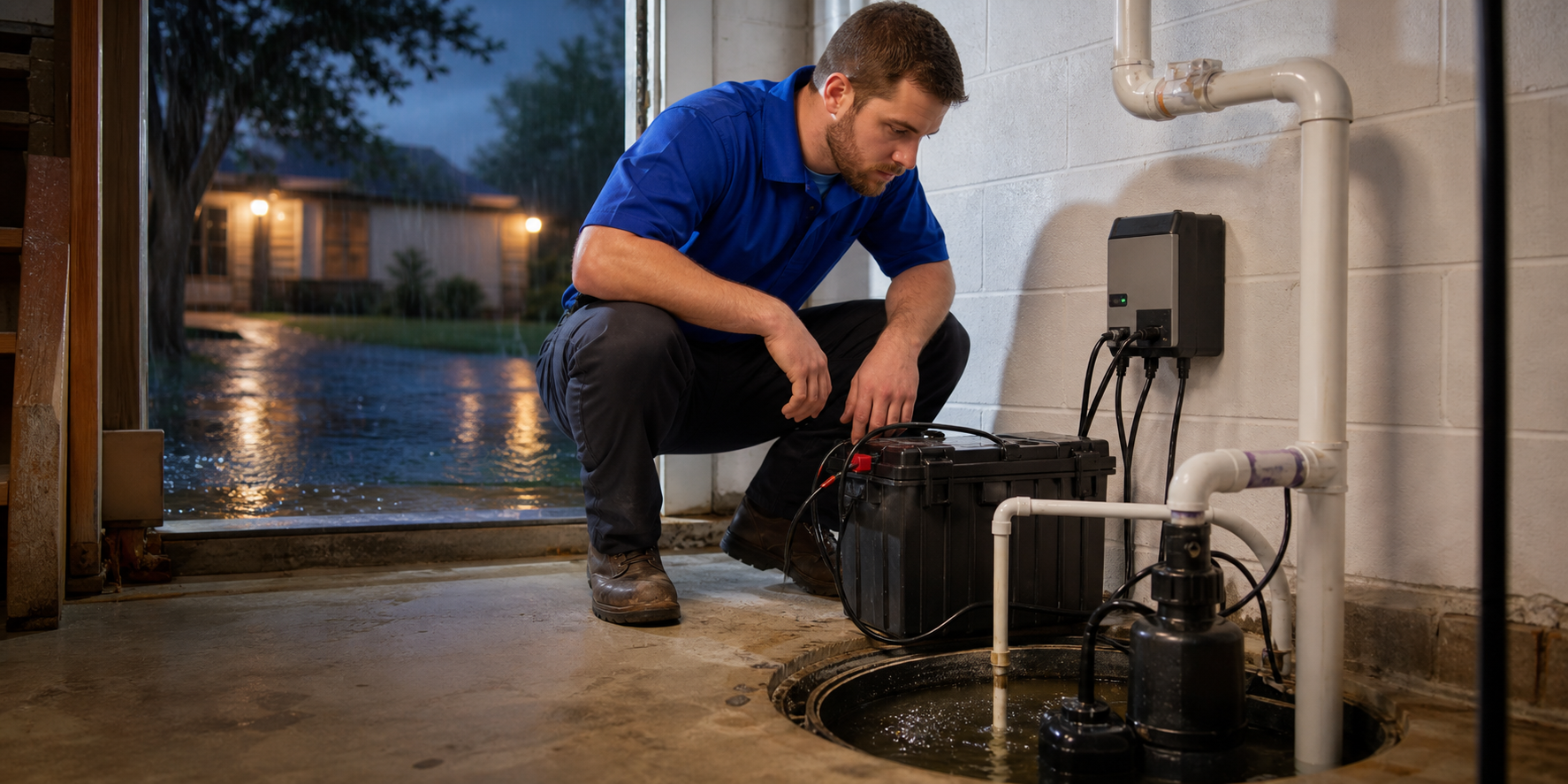 Battery backup sump pump system installed in a North Louisiana home