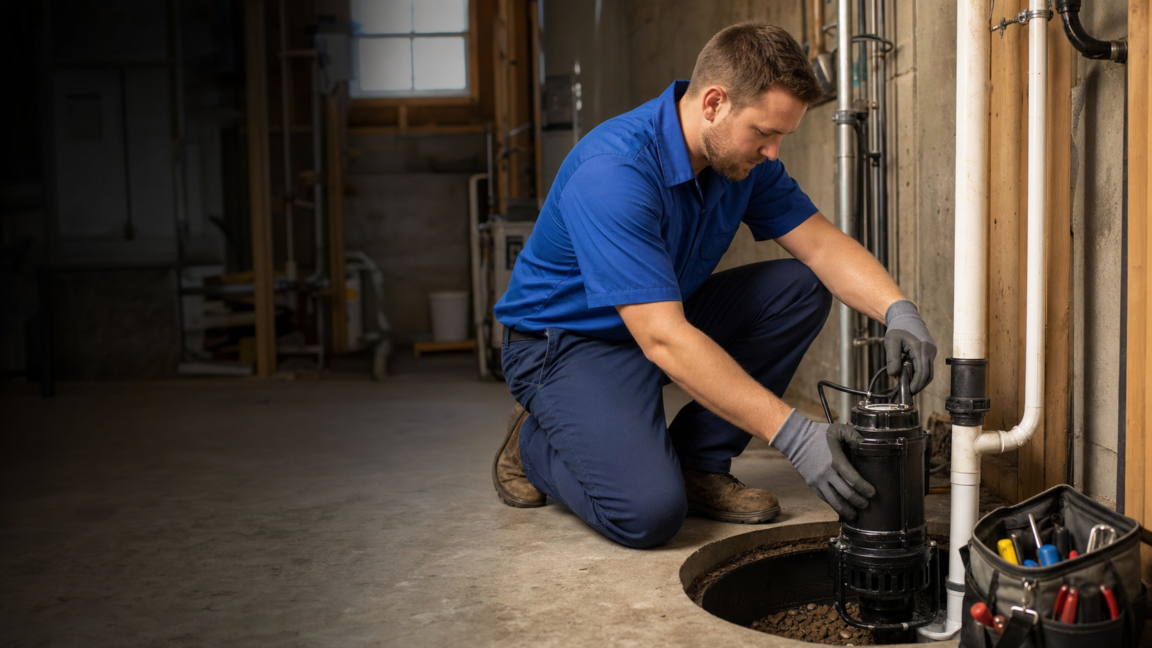 Mark Johnson & Sons Plumbing technician installing a submersible sump pump in a North Louisiana home