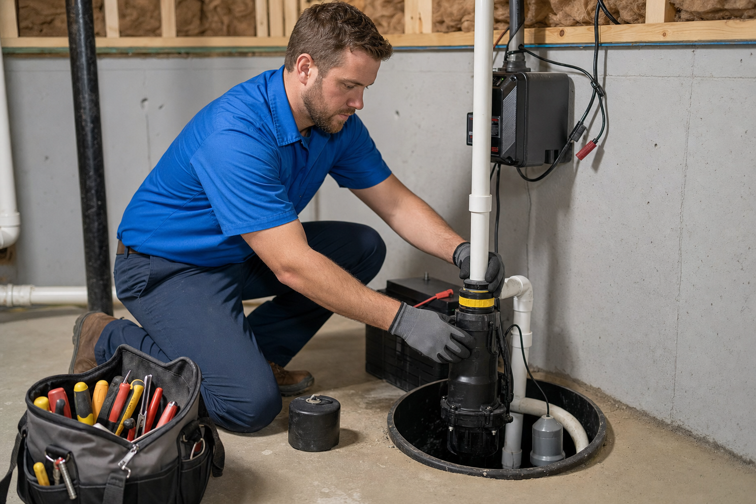 Mark Johnson & Sons Plumbing technician installing a battery backup sump pump system in a North Louisiana home
