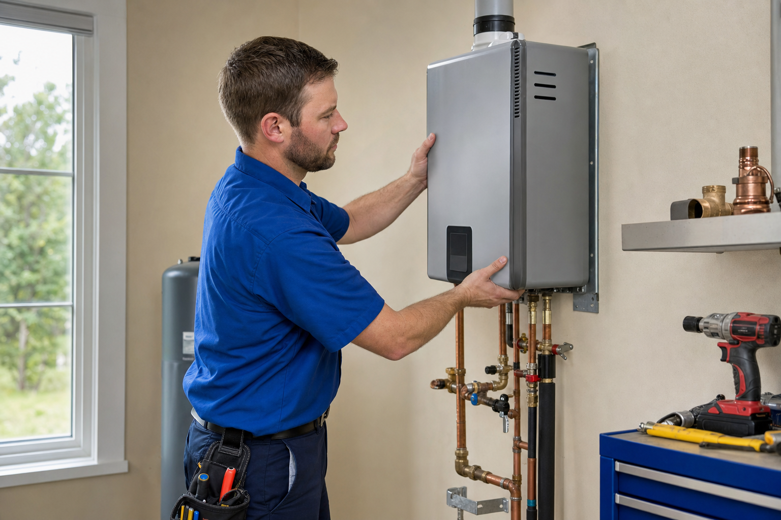 Tankless water heater being mounted to an interior wall in a North Louisiana utility room