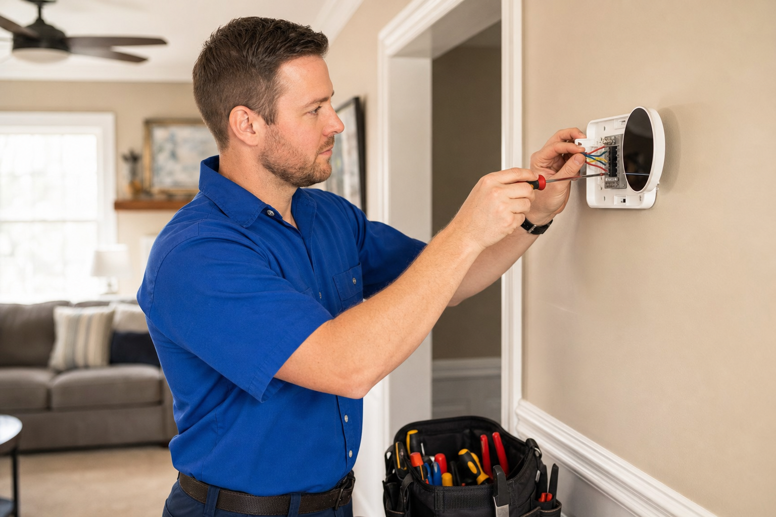 Mark Johnson & Sons technician wiring a new smart thermostat in a North Louisiana home