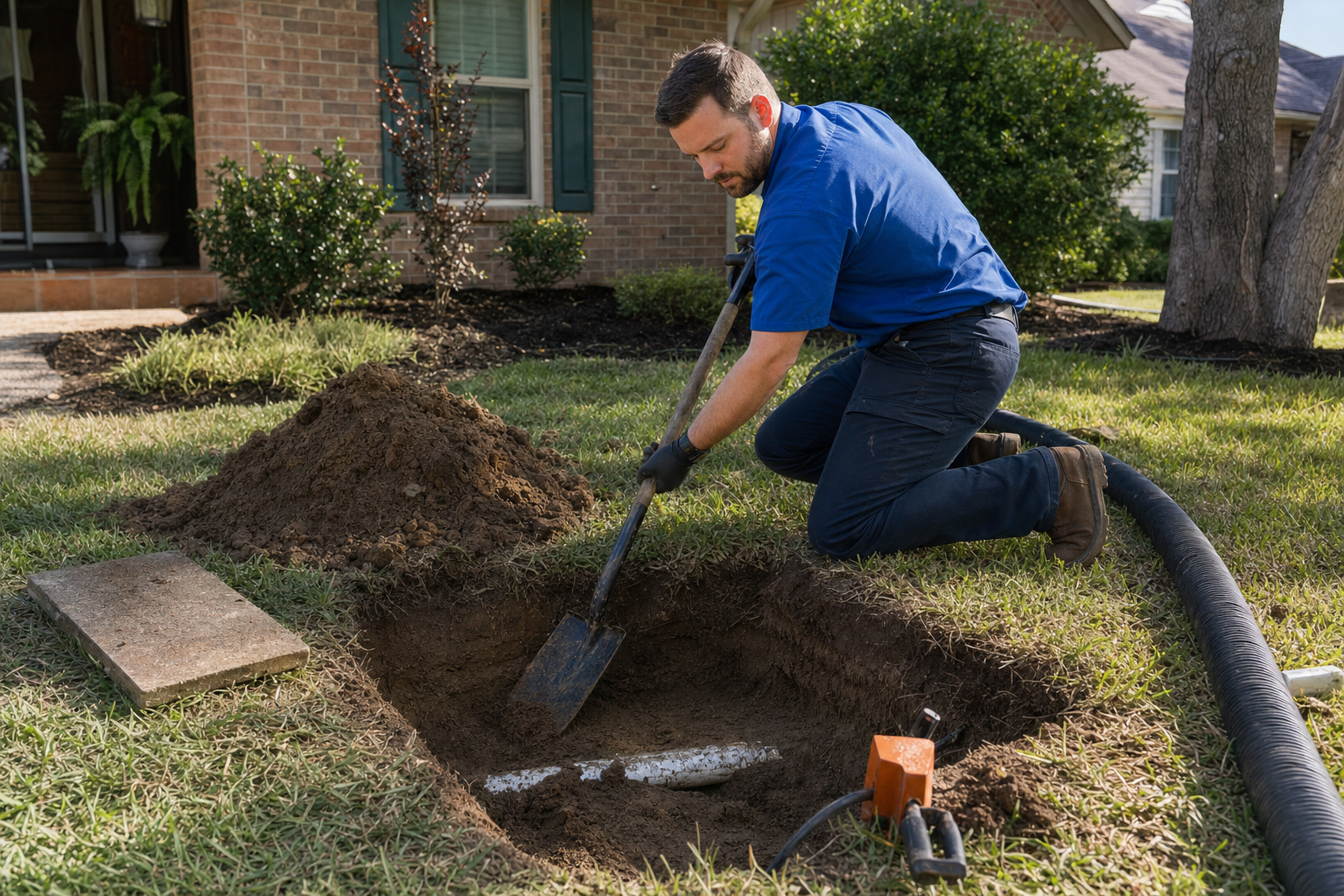 Trenchless sewer line repair access pit being dug at a North Louisiana home with minimal landscaping disruption