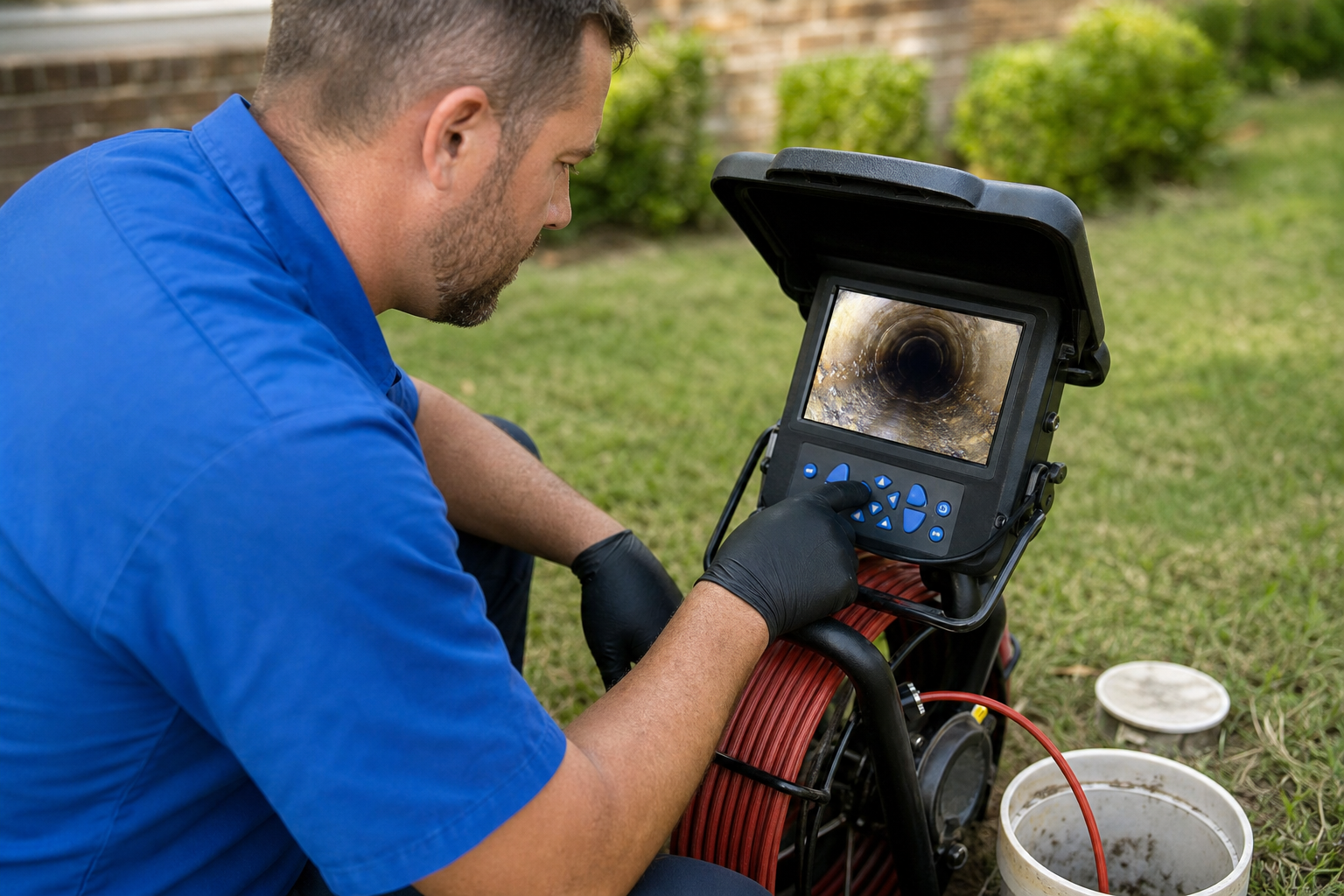 Camera monitor showing a live feed of a North Louisiana sewer line interior