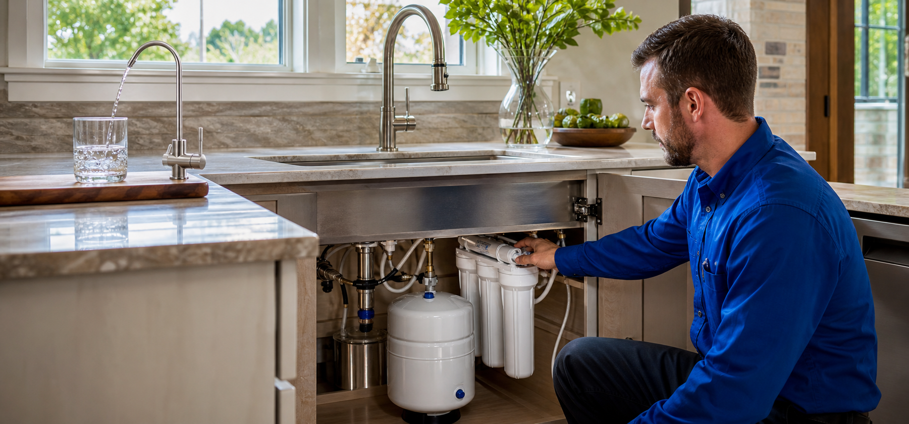 Under-sink reverse osmosis water filtration system installed in a North Louisiana kitchen