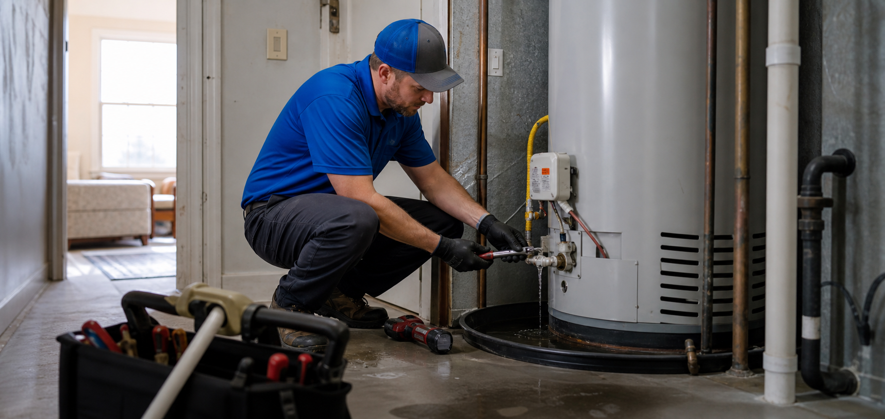 Mark Johnson & Sons Plumbing truck at a North Louisiana home during an emergency water heater call