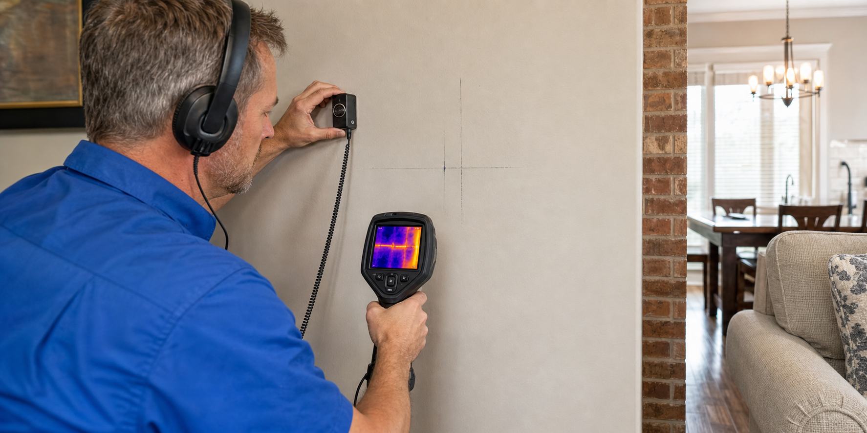 Thermal image showing a hidden water leak inside a drywall cavity