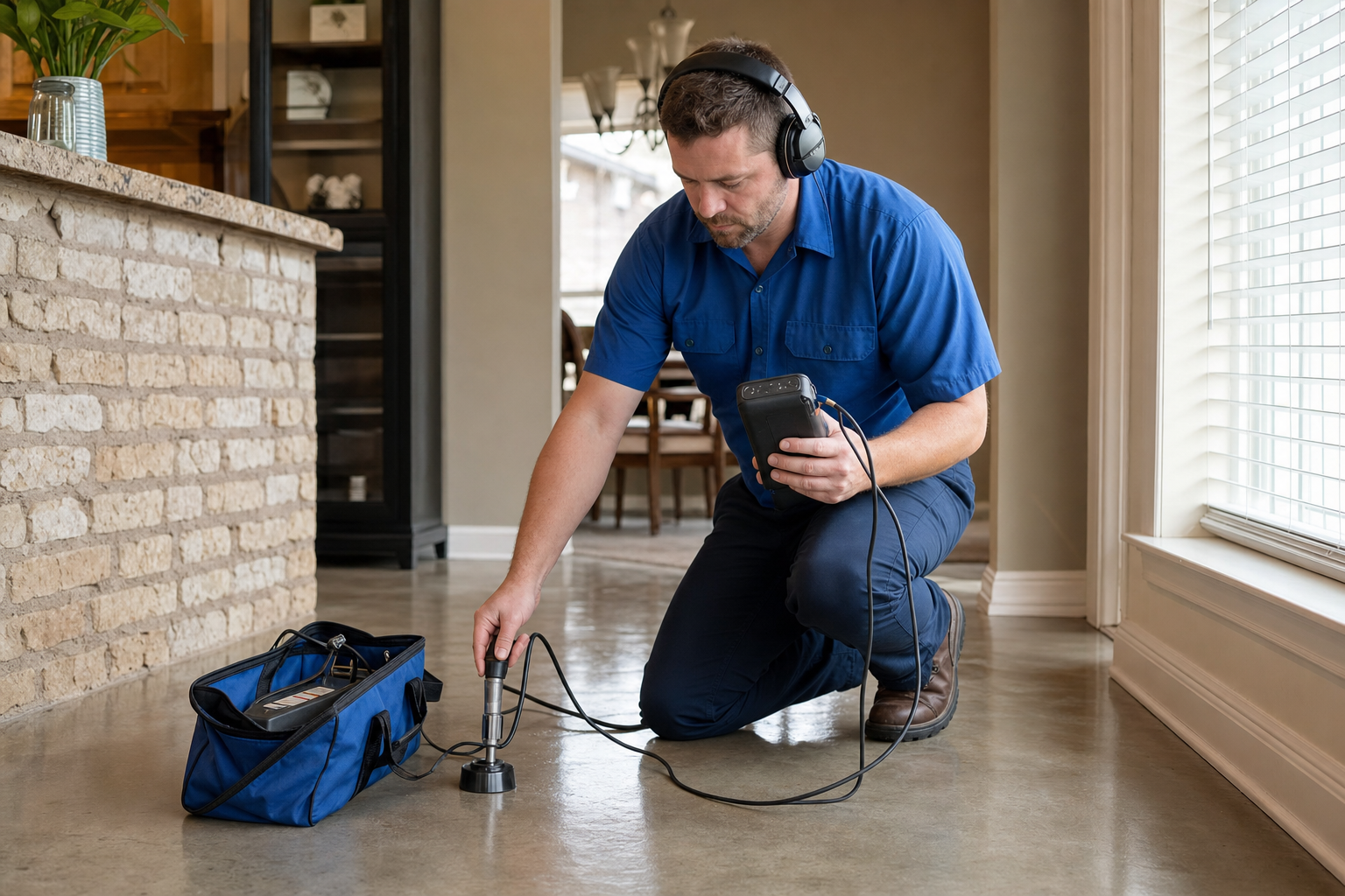 Mark Johnson & Sons Plumbing technician using acoustic detection equipment on a North Louisiana slab floor
