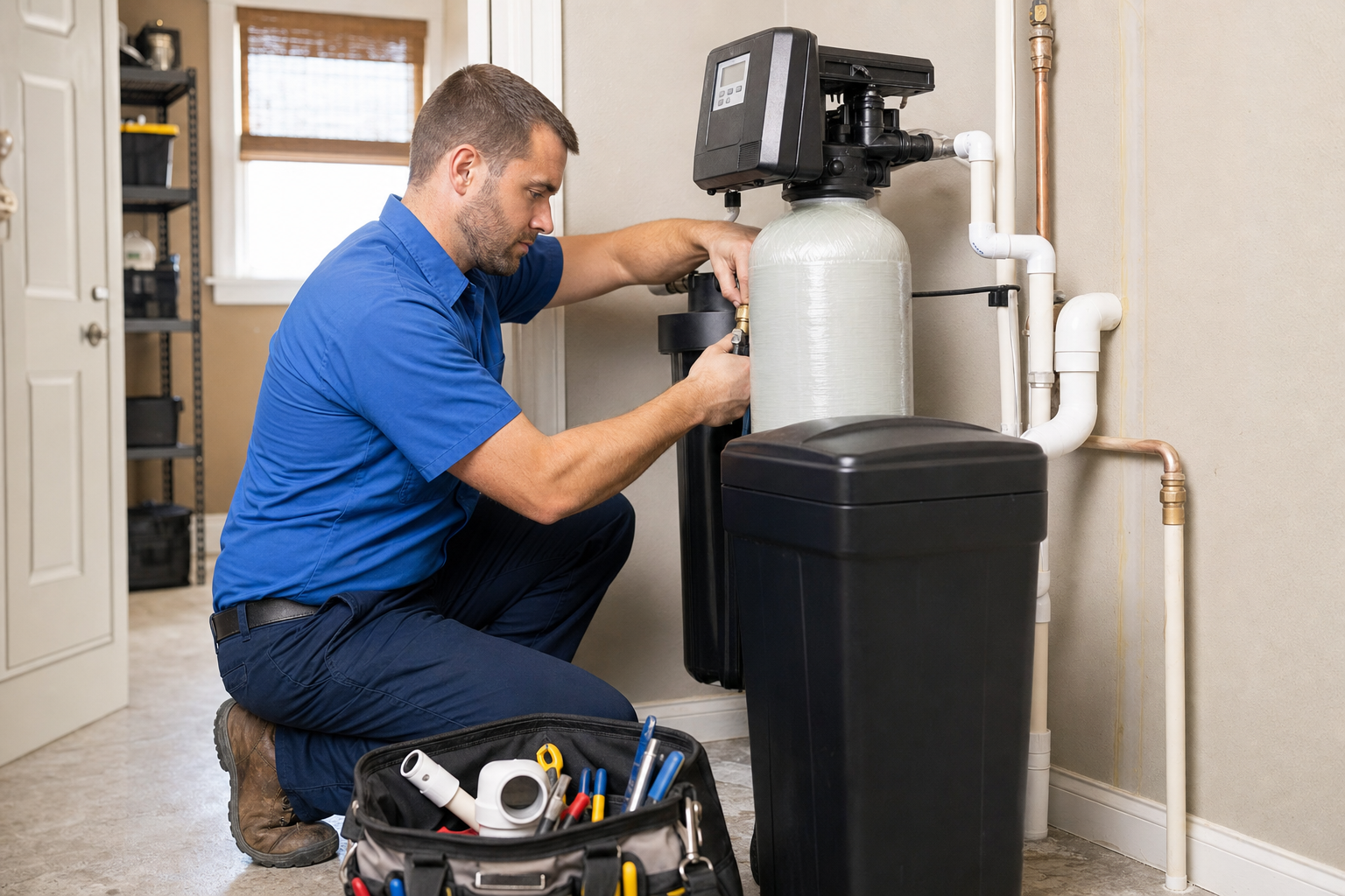 Mark Johnson & Sons Plumbing technician plumbing a water softener into a North Louisiana home utility room