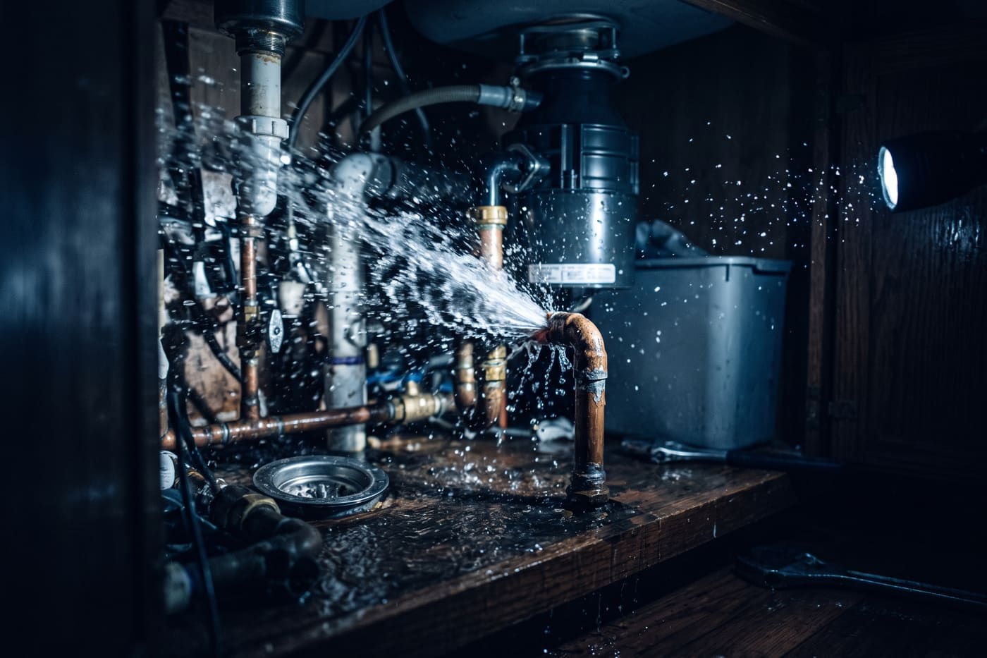 Burst copper pipe spraying water under a sink during a plumbing emergency